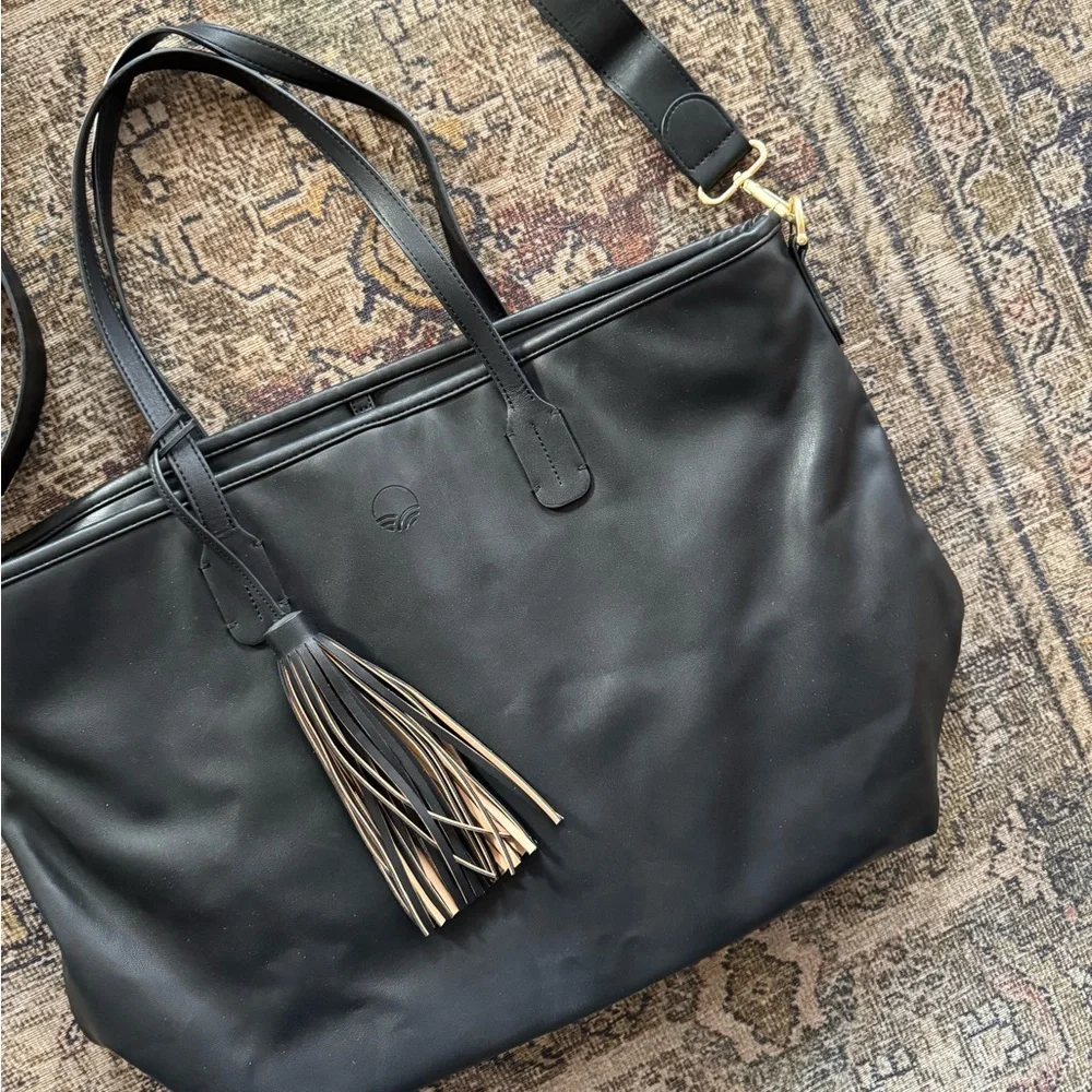 TUSHBABY Tote Diaper Bag - Black Faux Leather Large
